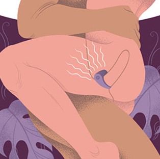 Ilustração do Lelo Tor 3 sendo utilizado a dois e vibrando em contato com a vagina